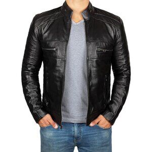 Men’s Black Decrum Real Lambskin Leather Jacket Cafe Racer Motorcycle